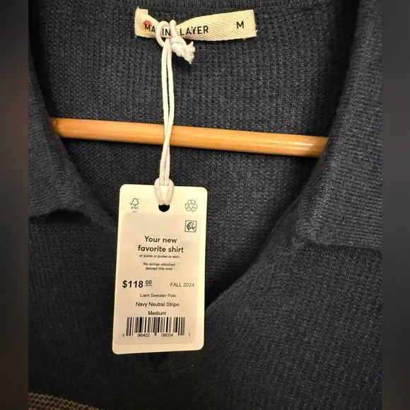 Marine Layer NWT Liam Sweater Polo in Navy Neutral Stripe - Picture 6 of 8